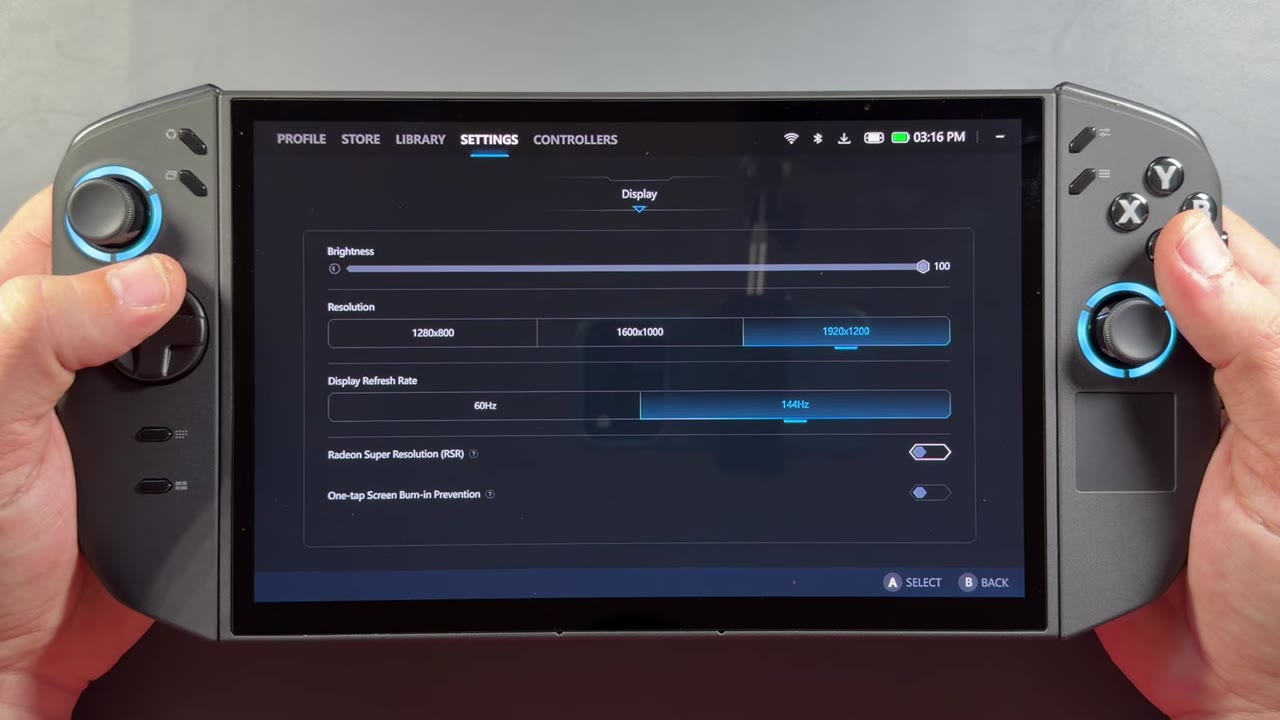 Legion Space display settings on the Legion Go 2 with resolution and refresh rate options