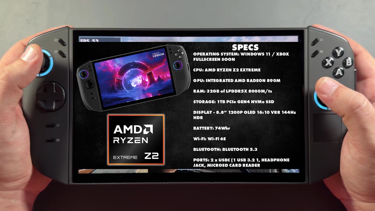 Legion Go 2 Z2 Extreme specs graphic over the device