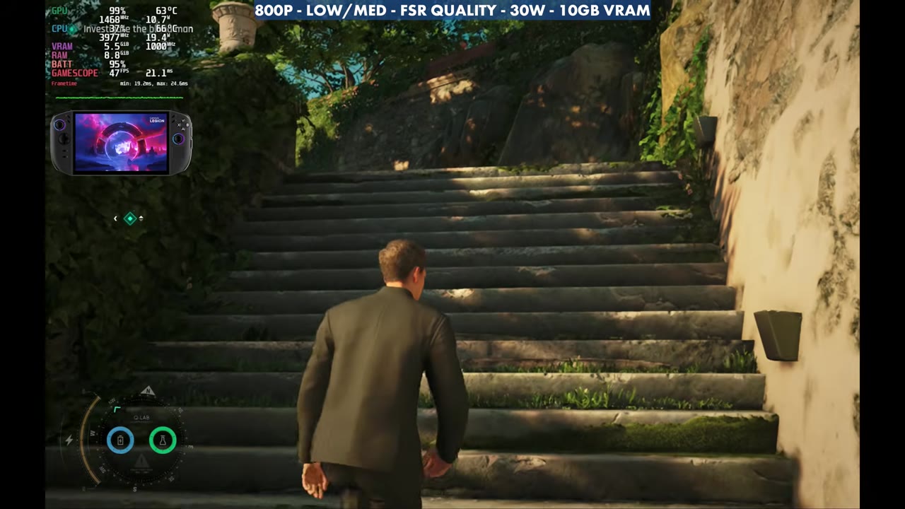 007 First Light on the Legion Go 2 at 800p Low/Medium FSR Quality 30W, overlay reading 47 FPS