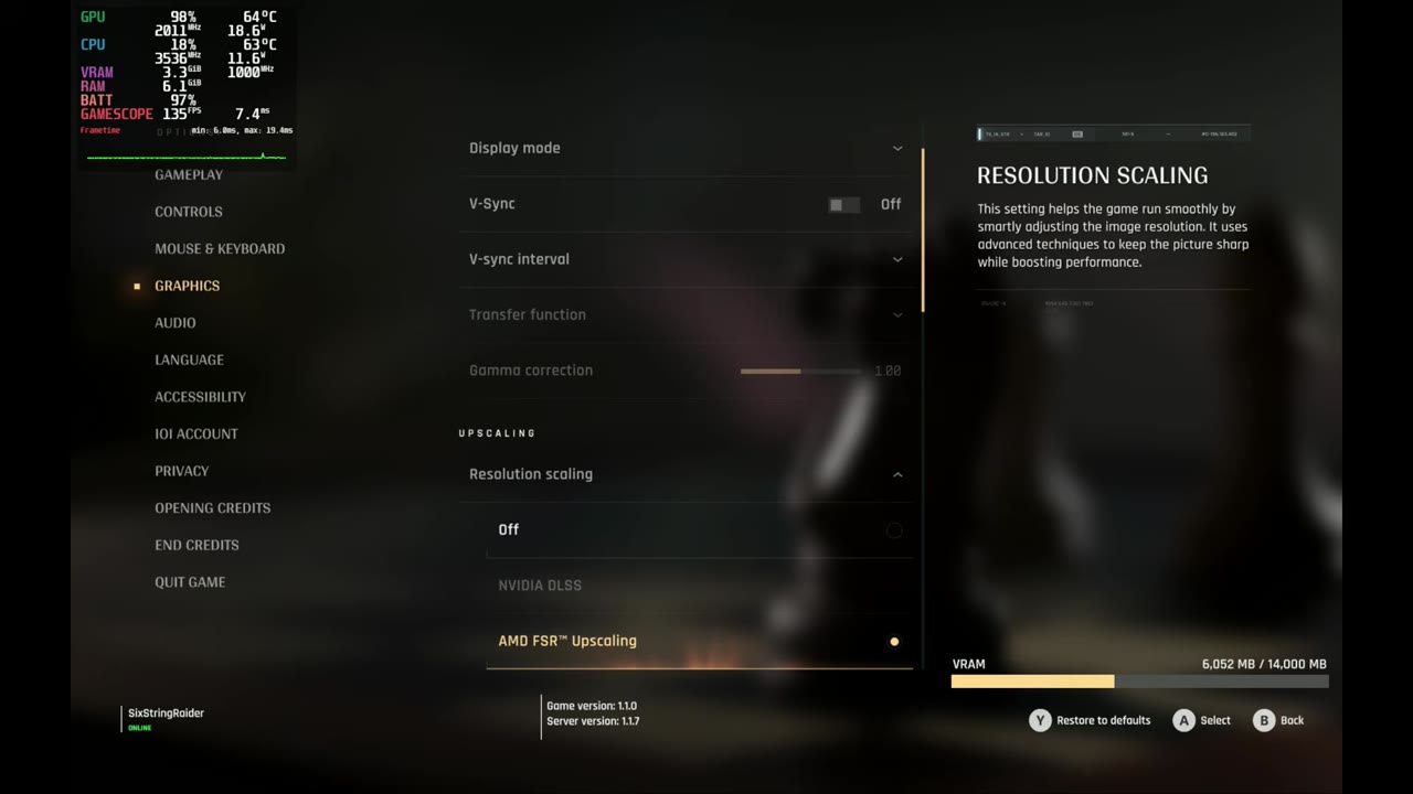 007 First Light graphics menu on the Legion Go 2 with AMD FSR upscaling selected under resolution scaling, V-Sync off