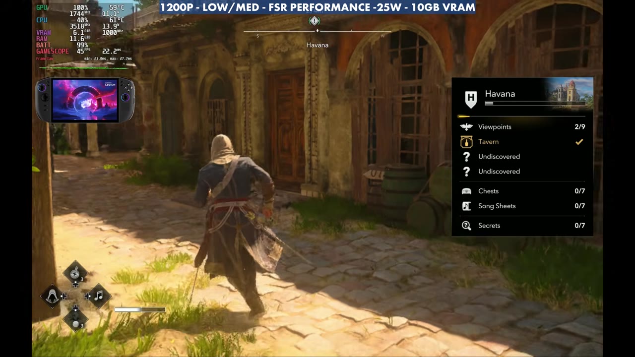 Assassin's Creed Black Flag Resynced in Havana on the Legion Go 2 at 1200p Low/Medium FSR Performance 25W, overlay reading 45 FPS