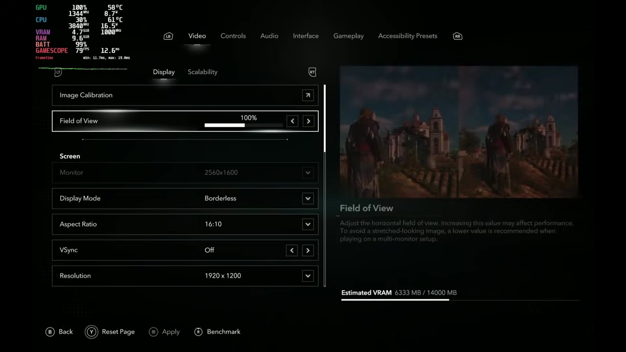 Assassin's Creed Black Flag Resynced display settings on the Legion Go 2: borderless, 16:10, V-Sync off, 1920x1200
