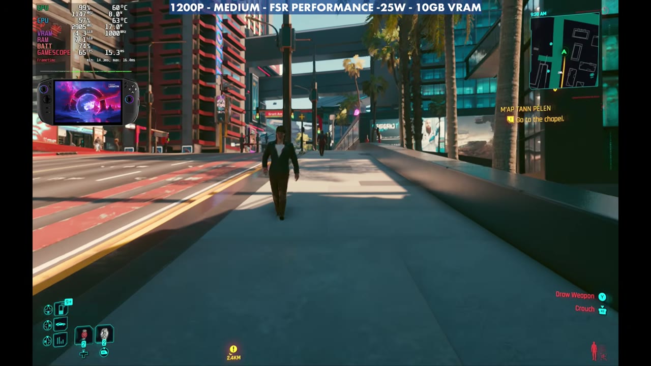 Cyberpunk 2077 gameplay on the Legion Go 2 at 1200p Medium FSR Performance 25W, overlay reading 65 FPS
