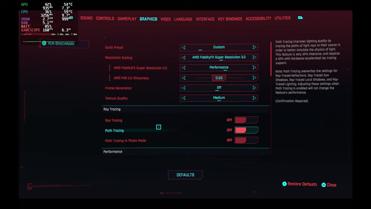 Cyberpunk 2077 graphics settings on the Legion Go 2 in SteamOS: Custom preset, AMD FSR 3.0 Performance, sharpness 0.50, frame generation off, medium textures, ray tracing and path tracing off