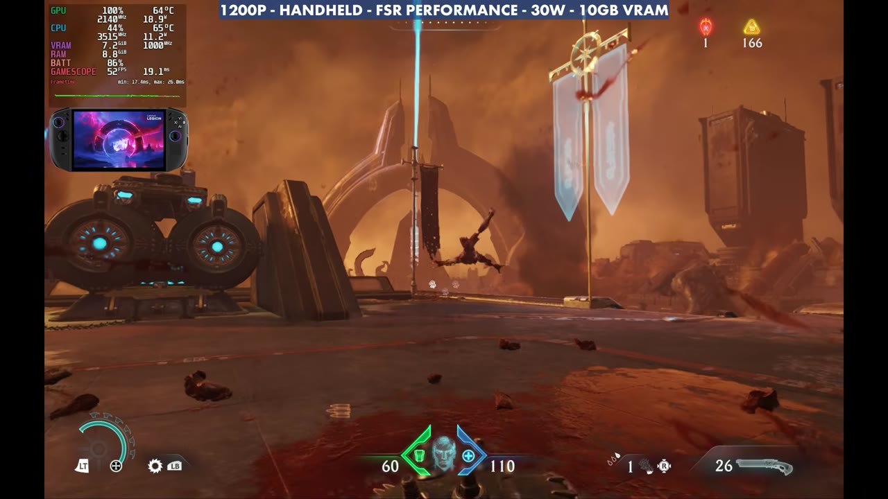 Doom: The Dark Ages gameplay on the Legion Go 2 at 1200p Handheld FSR Performance 30W, overlay reading 52 FPS