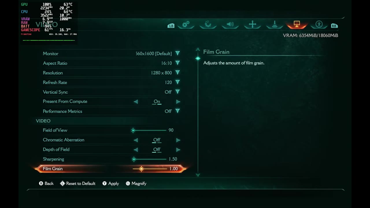 Doom: The Dark Ages video settings on the Legion Go 2: 1280x800 resolution, 16:10, 120Hz, V-Sync off, present from compute on