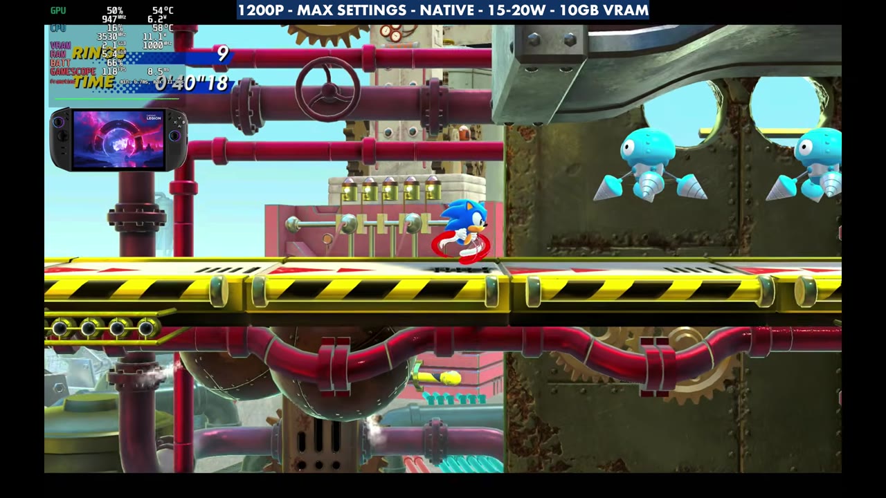 Sonic Superstars on the Legion Go 2 at 1200p max settings native 15-20W, overlay reading 118 FPS