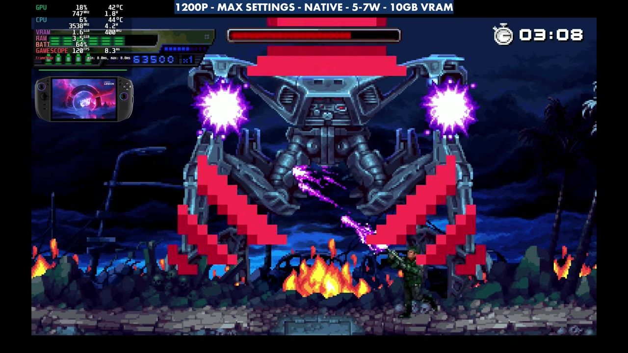 Terminator 2D: No Fate boss fight on the Legion Go 2 at 1200p max settings native 5-7W, overlay reading 120 FPS