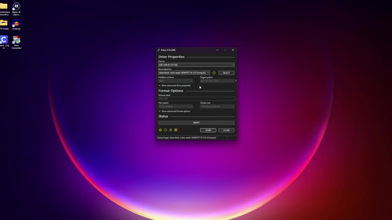 Rufus on a Windows desktop with the USB stick and SteamOS image selected