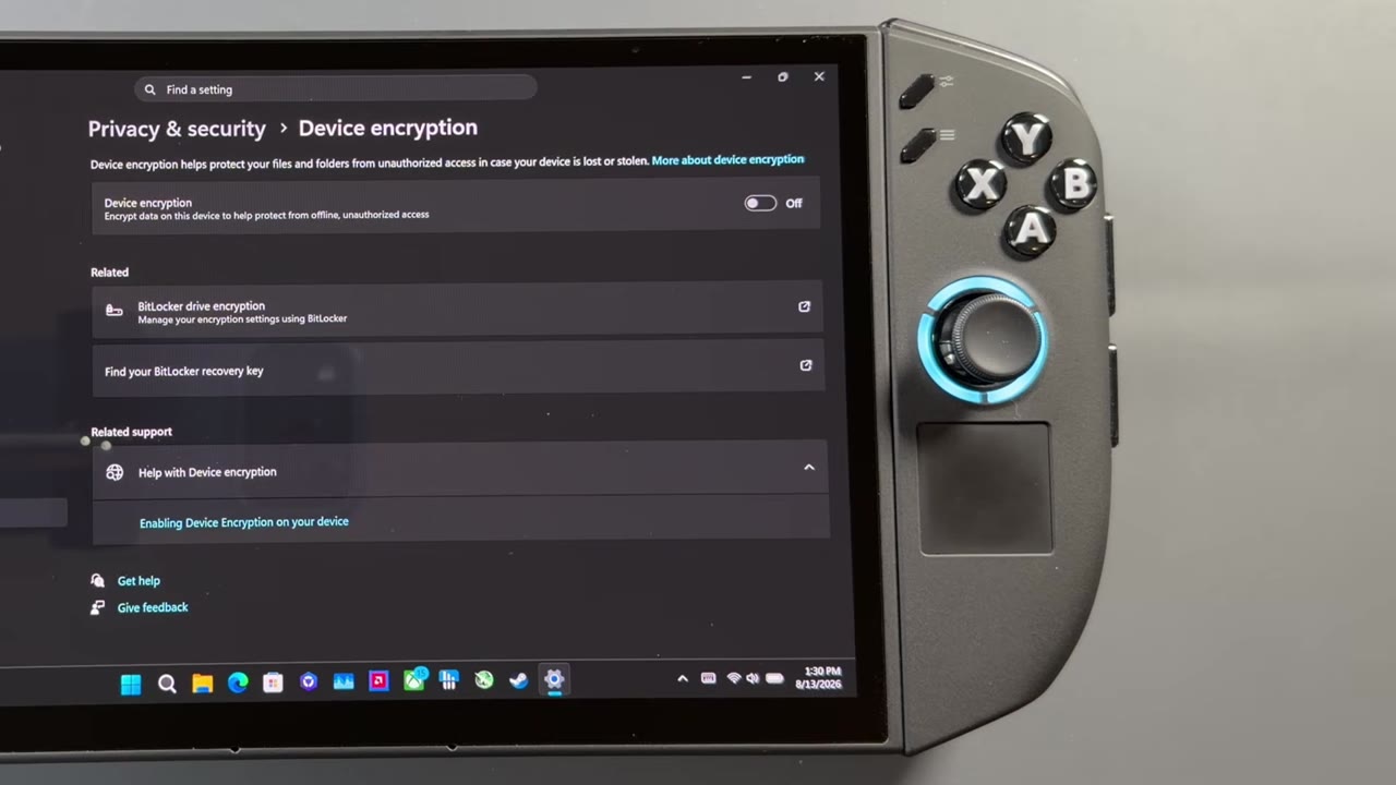 Windows Settings Privacy and security Device encryption page on the Legion Go 2 with device encryption turned off