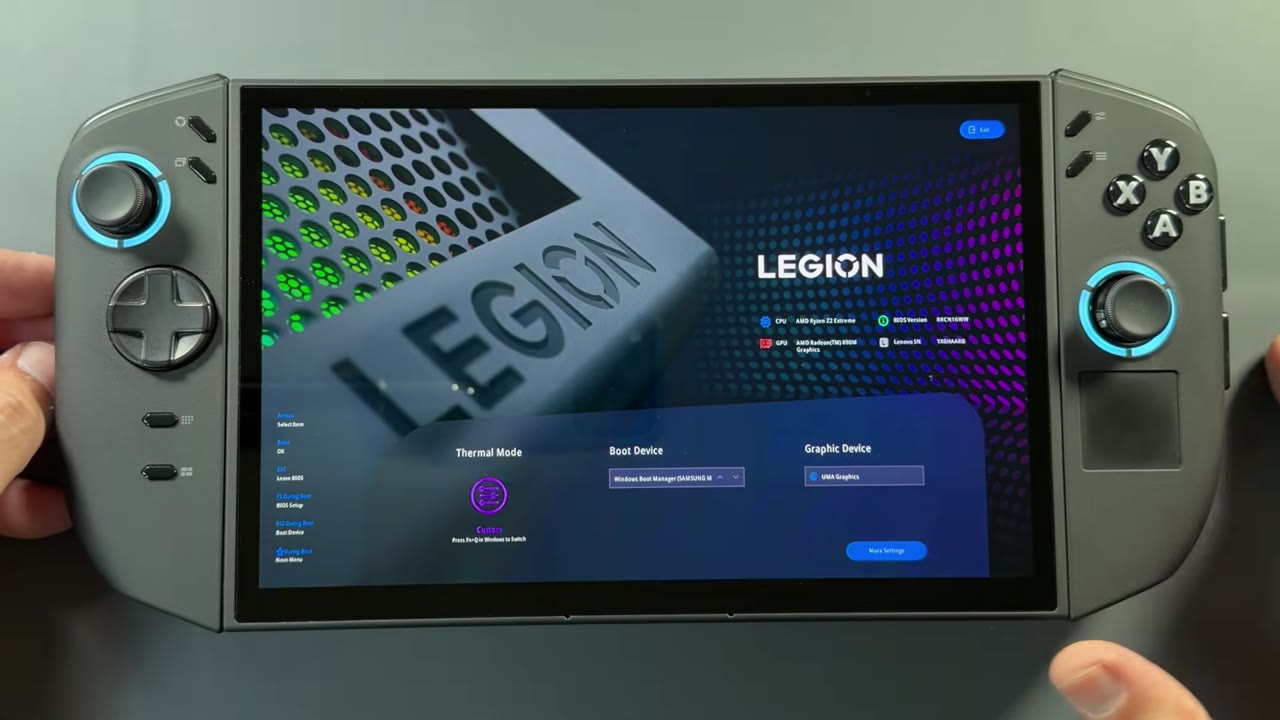 Legion Go 2 BIOS start screen with Thermal Mode, Boot Device and Graphic Device options