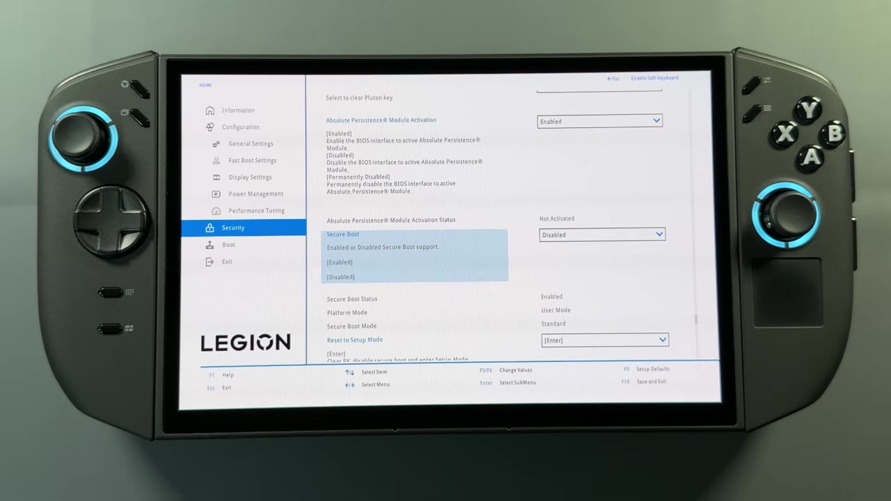Legion Go 2 BIOS Security tab in More Settings with the Secure Boot options