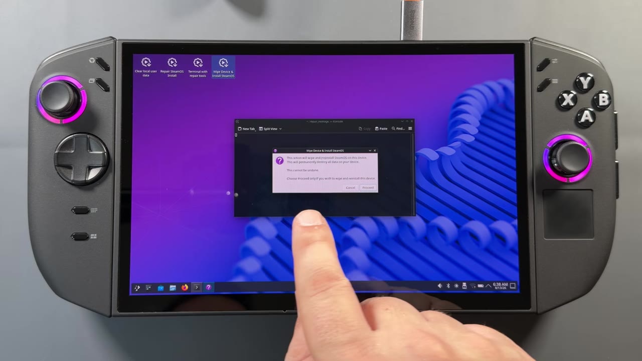 SteamOS recovery desktop on the Legion Go 2 with the Wipe Device and Install SteamOS confirmation dialog