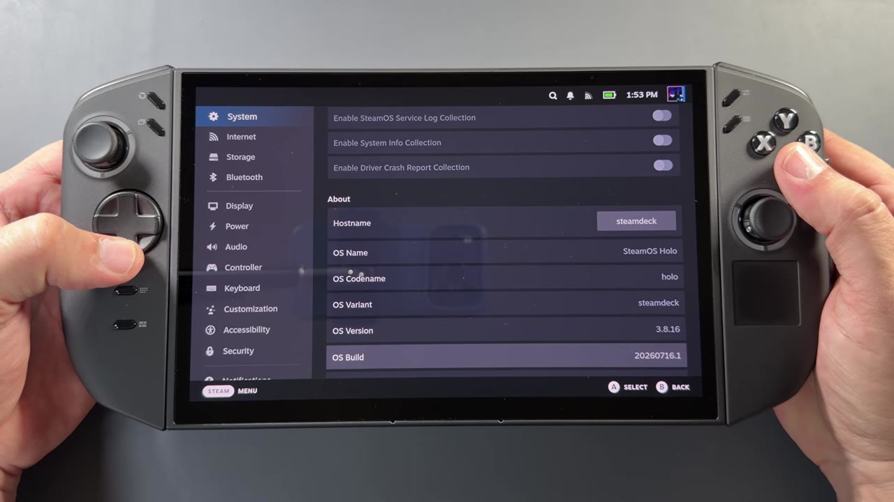 SteamOS system settings on the Legion Go 2 with the About section listing the hostname, OS name, codename, variant and version