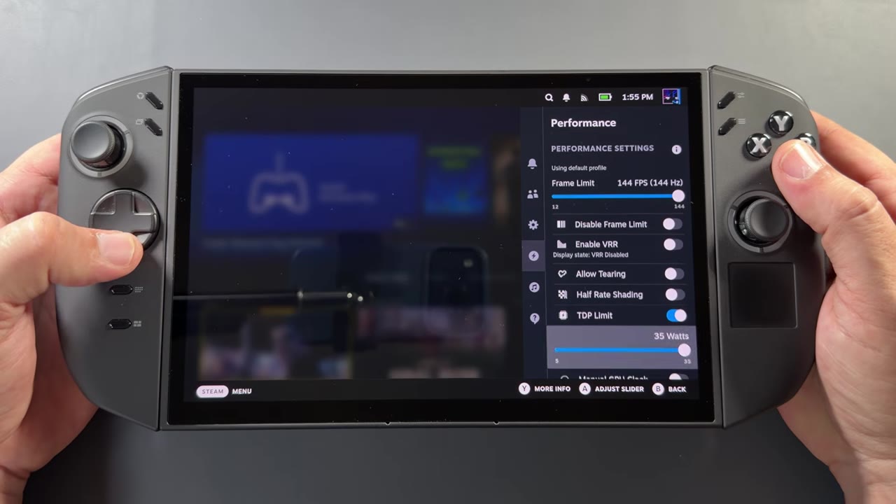 SteamOS performance settings in the quick access menu on the Legion Go 2 with frame limit 144 FPS, VRR enabled and TDP limit at 35 watts