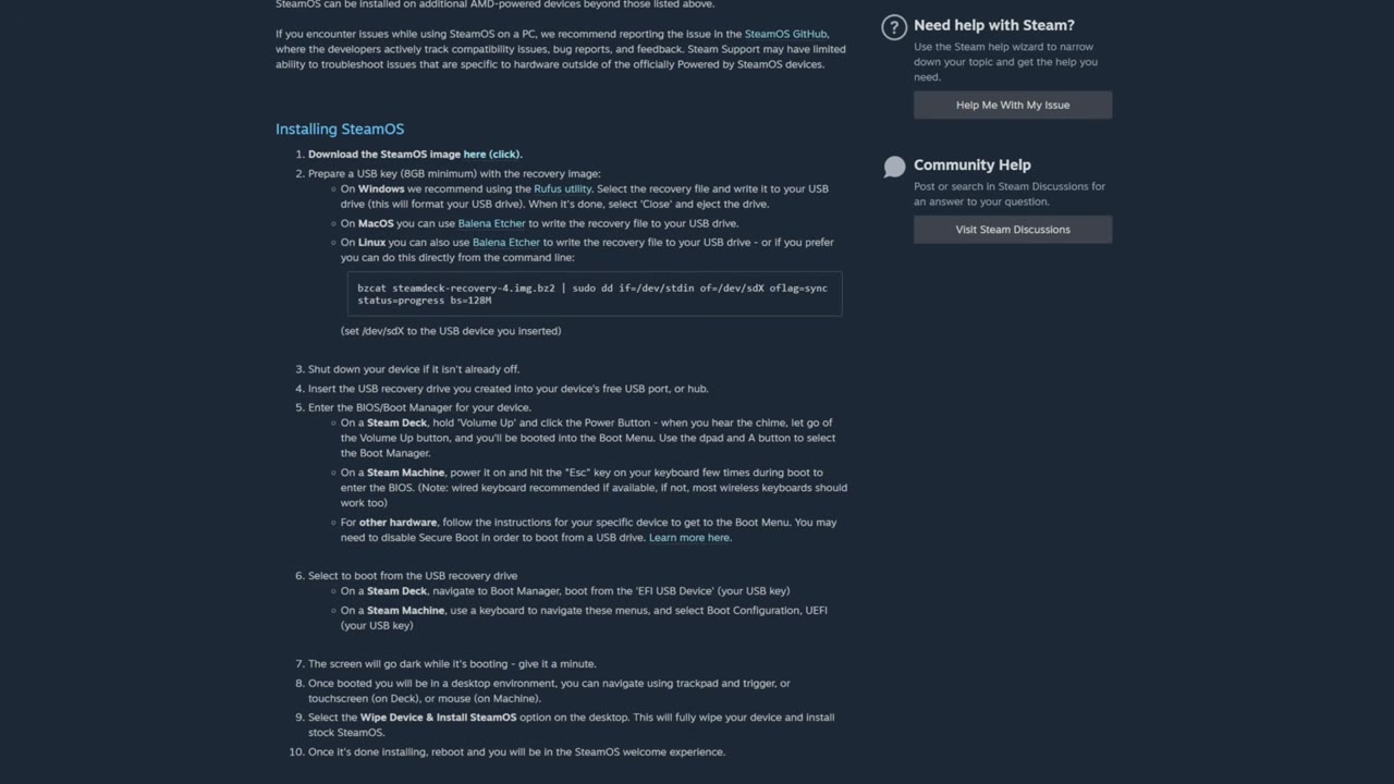 Valve's SteamOS help page showing the Installing SteamOS steps with the recovery image and Rufus links