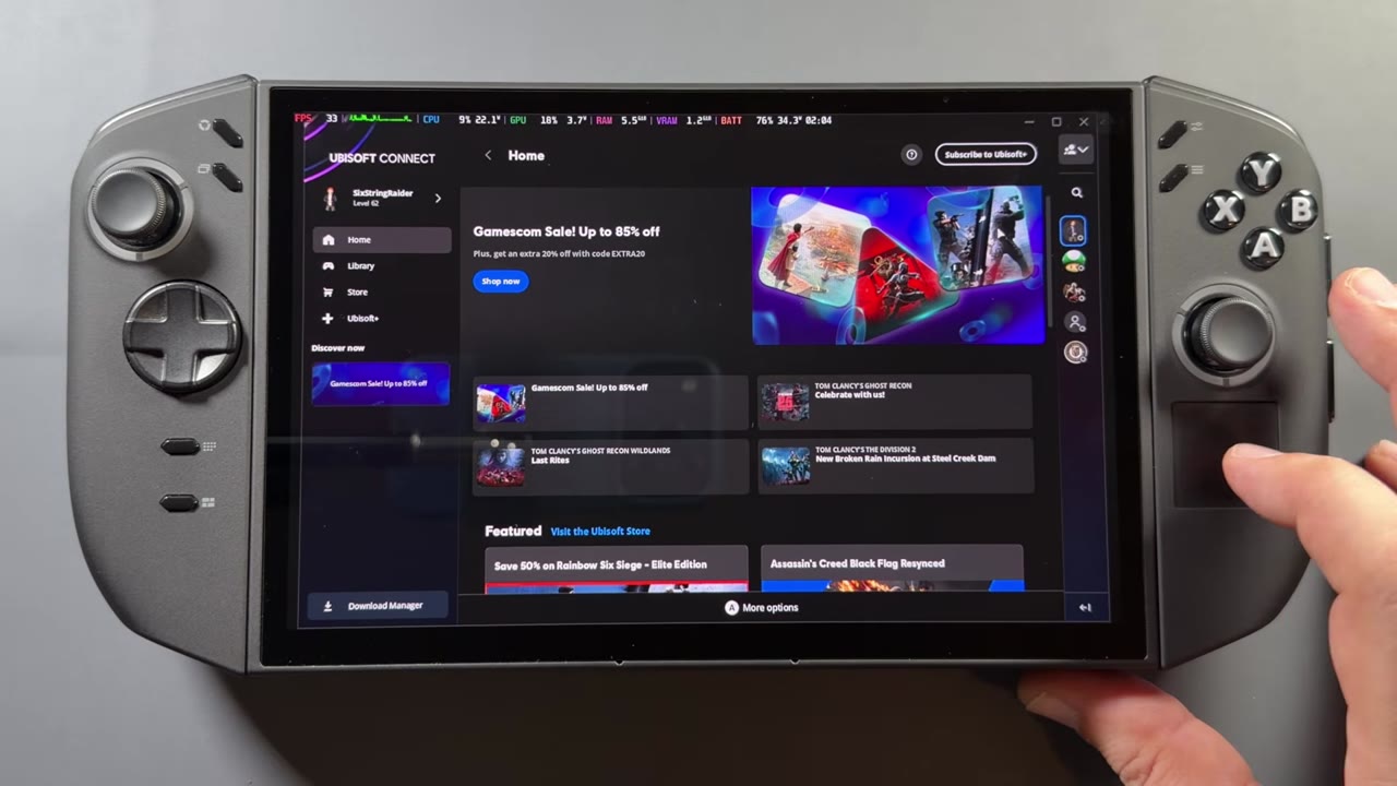 Ubisoft Connect running in game mode on the Legion Go 2 with SteamOS through NonSteamLaunchers