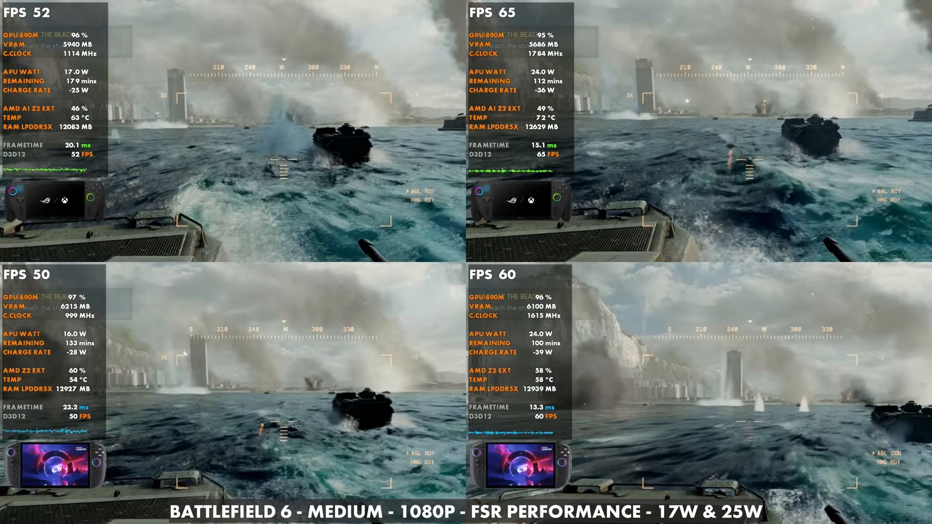Battlefield 6 at 1080p Medium FSR Performance, 17W and 25W, on ROG Xbox Ally X and Legion Go 2