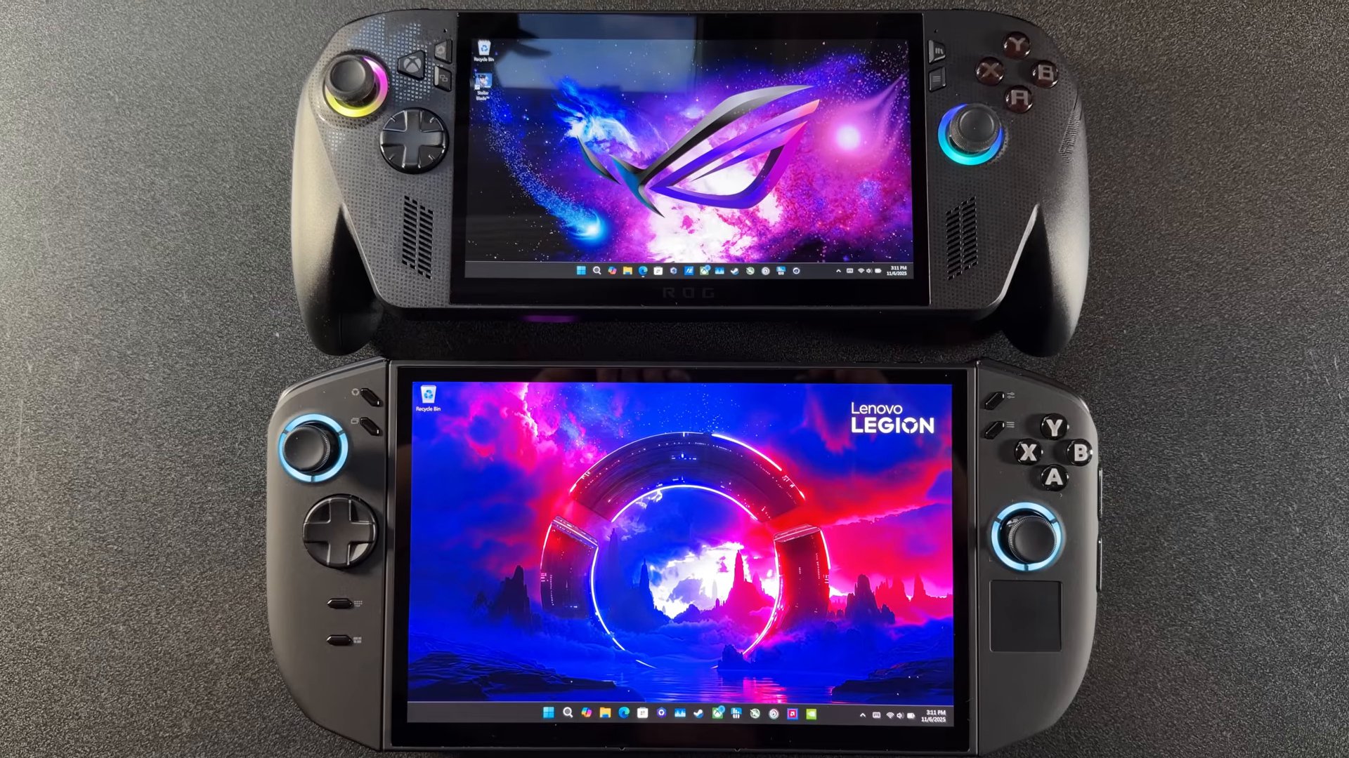 ROG Xbox Ally X above the Lenovo Legion Go 2, side by side