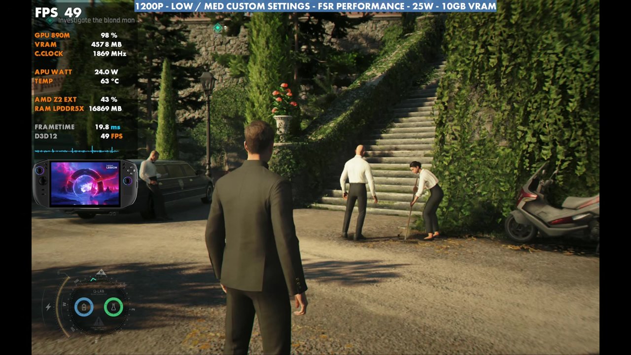 007 First Light on the Legion Go 2 at 1200p FSR Performance, 25W, overlay reading 49 FPS