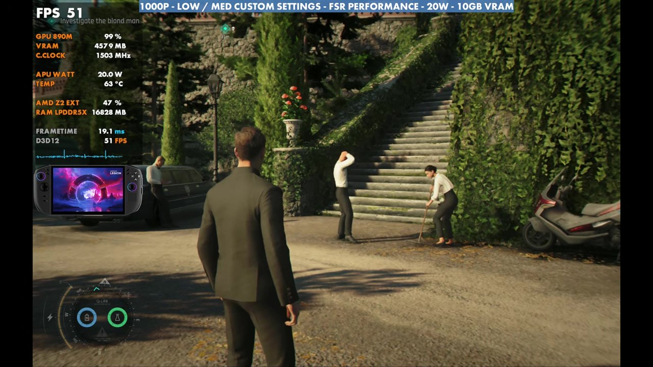007 First Light on the Legion Go 2 at 1000p FSR Performance, 20W, overlay reading 51 FPS