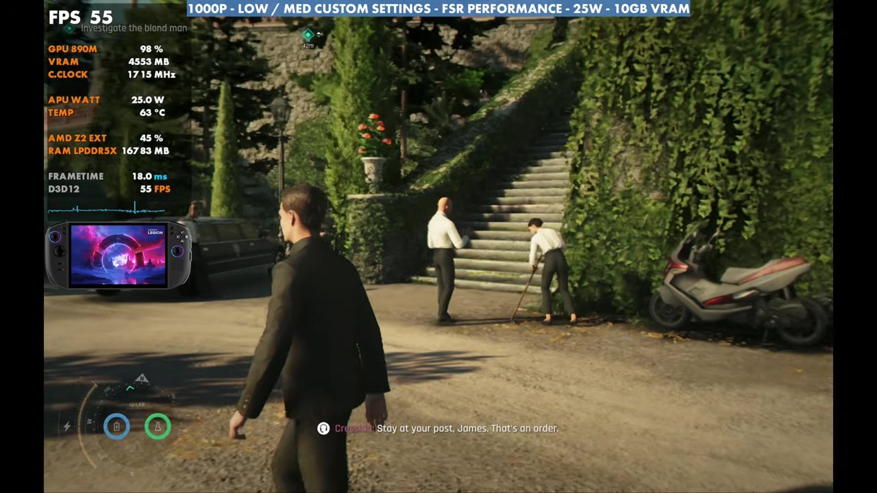 007 First Light on the Legion Go 2 at 1000p FSR Performance, 25W, overlay reading 55 FPS