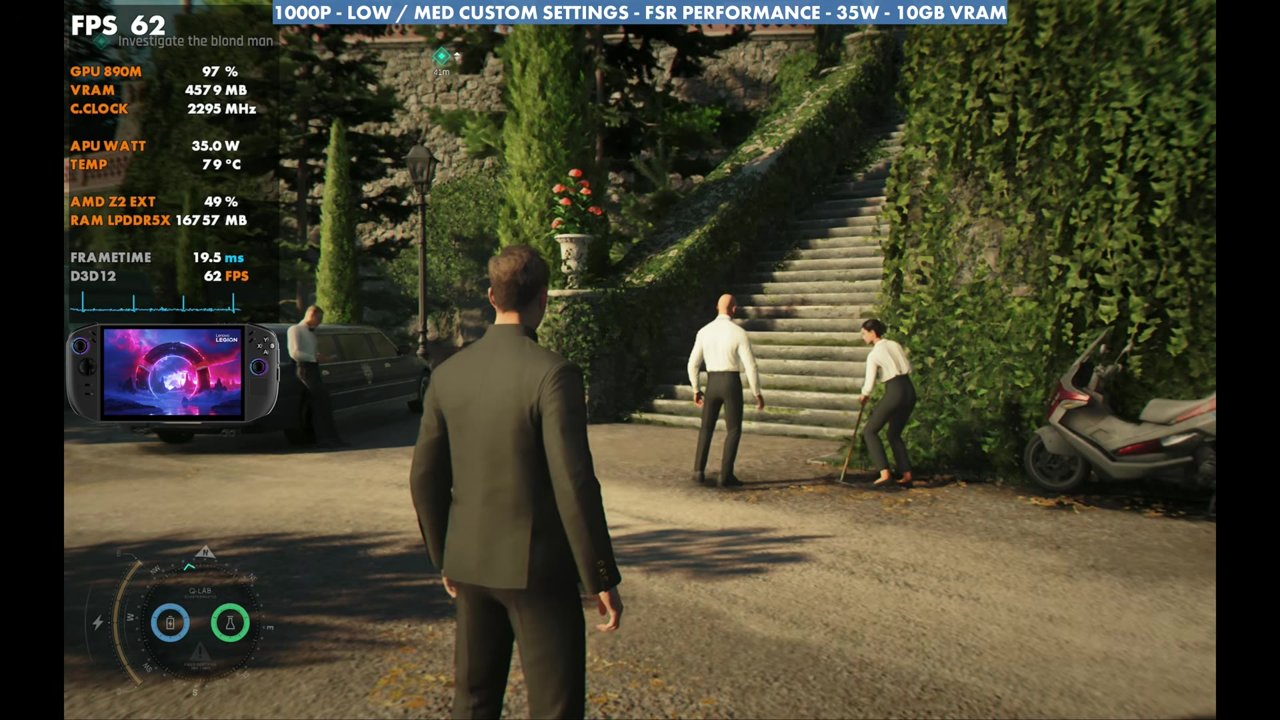 007 First Light on the Legion Go 2 at 1000p FSR Performance, 35W, overlay reading 62 FPS