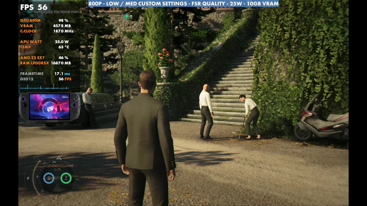 007 First Light on the Legion Go 2 at 800p FSR Quality, 25W, overlay reading 56 FPS