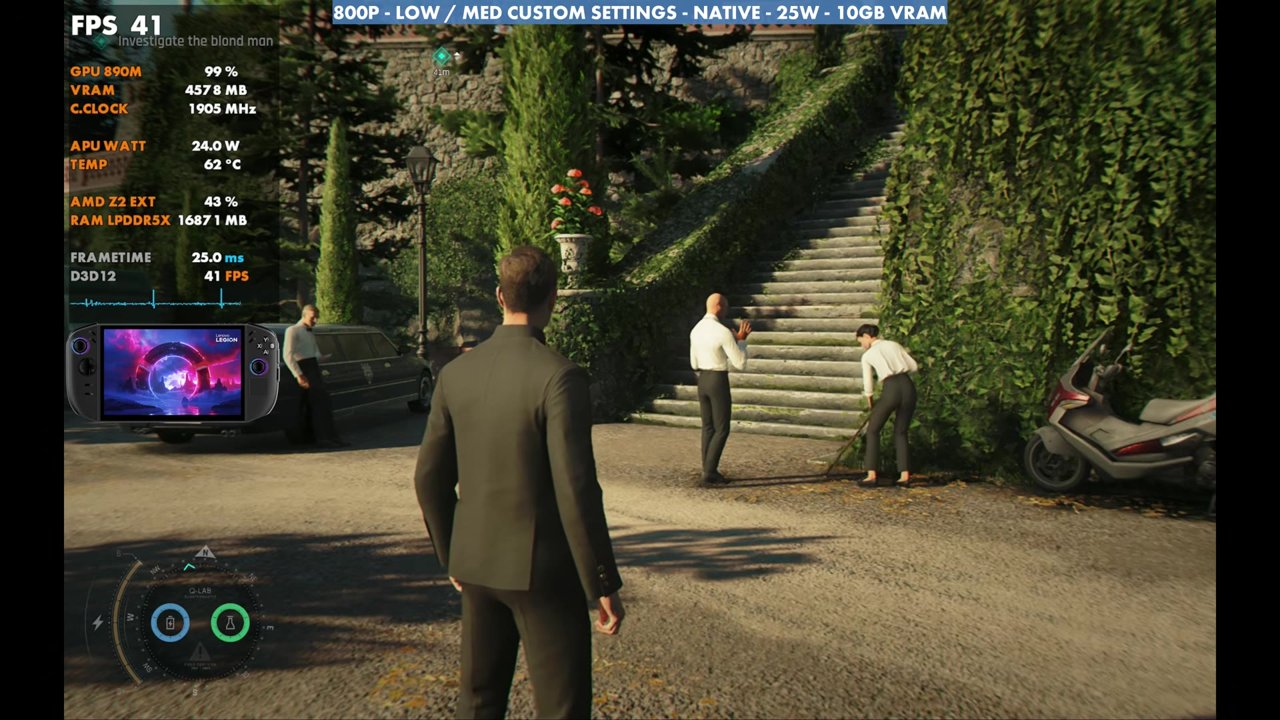 007 First Light on the Legion Go 2 at 800p native, 25W, overlay reading 41 FPS