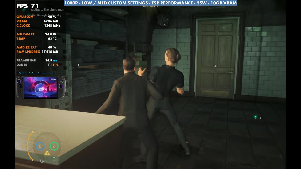 007 First Light indoors on the Legion Go 2, overlay reading 71 FPS