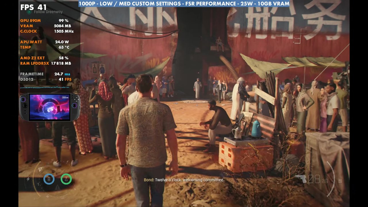 007 First Light in a crowded market on the Legion Go 2, overlay reading 41 FPS