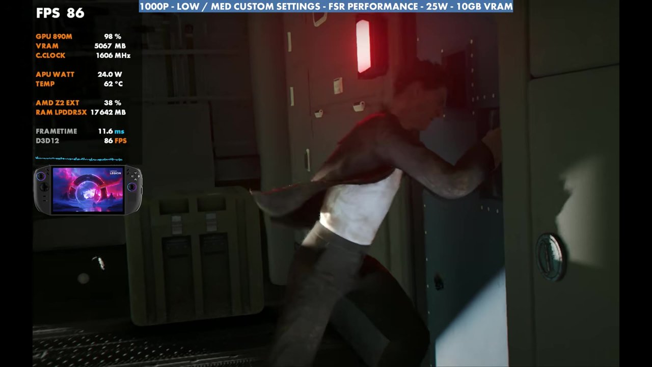 007 First Light plane sequence on the Legion Go 2, overlay reading 86 FPS