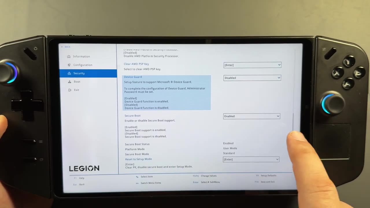 Legion Go BIOS Security tab with Secure Boot setting