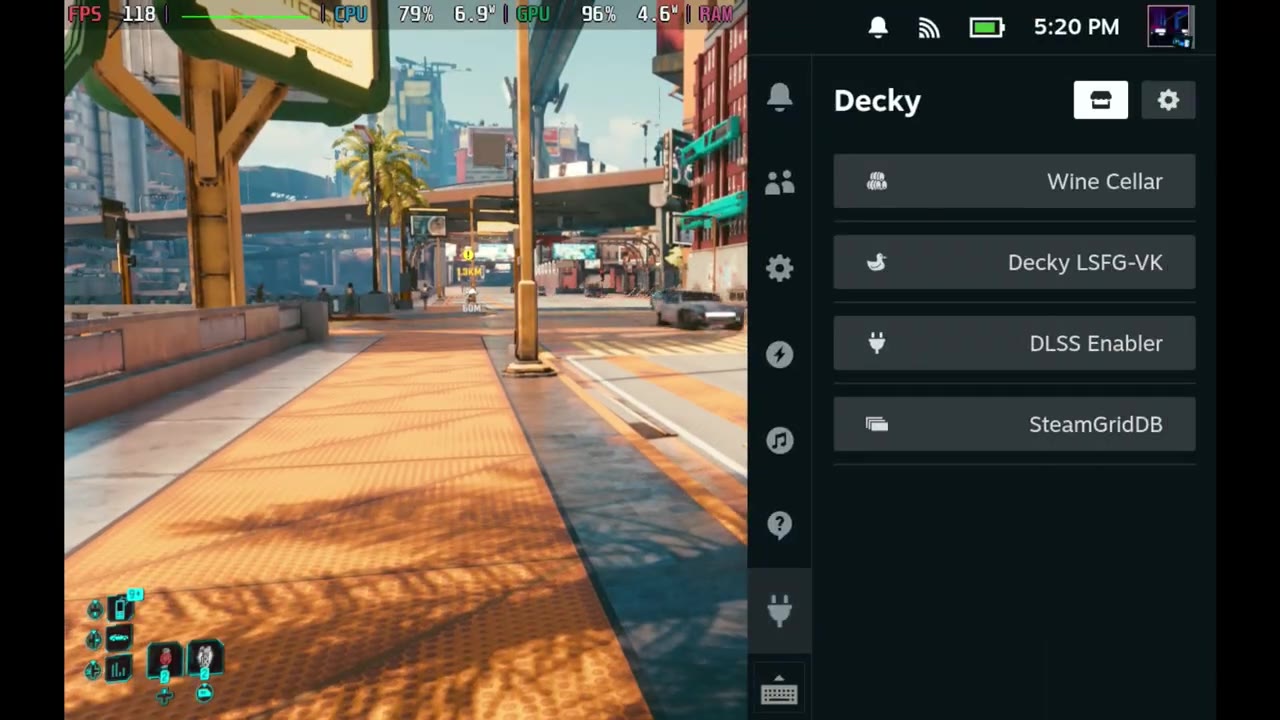 Cyberpunk 2077 on Steam Deck showing 118 FPS with 3x frame generation