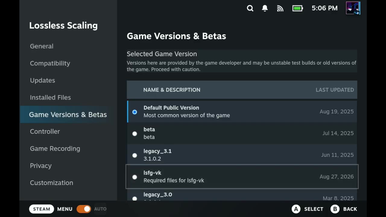 Lossless Scaling Betas tab with lsfg-vk selected