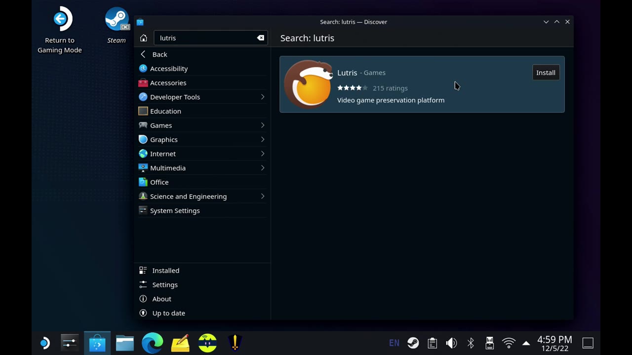 Lutris in the Discover store on Steam Deck