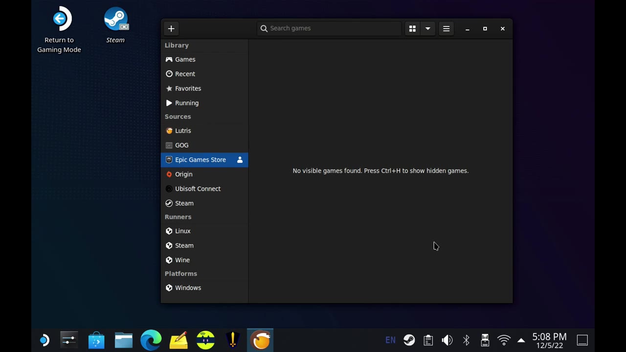 Epic Games Store listed under the Windows platform in Lutris