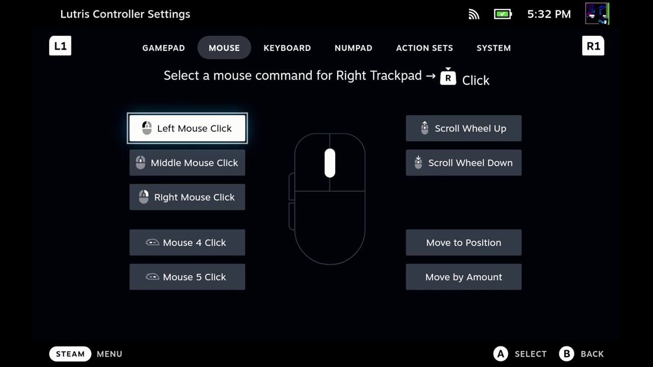 Steam Deck controller settings mapping right trackpad click to left mouse click