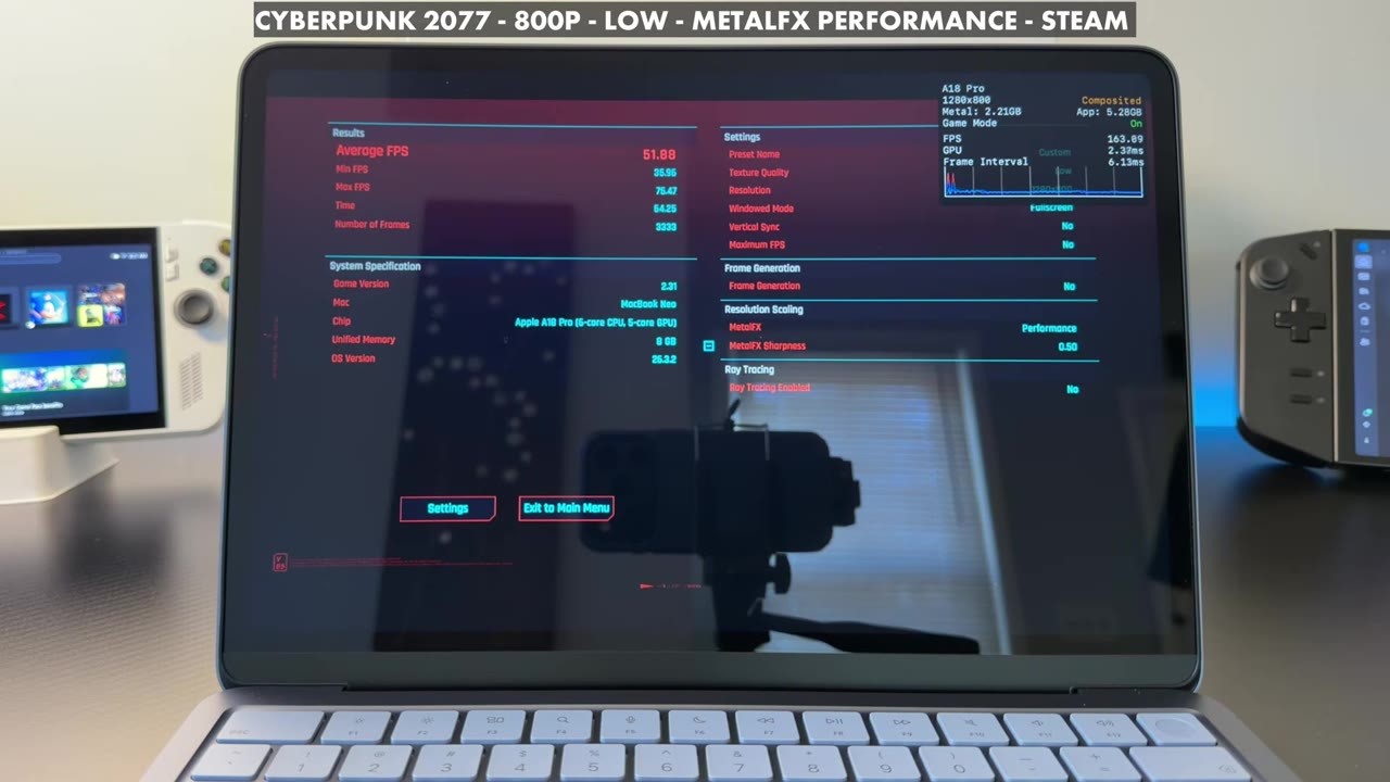 Cyberpunk 2077 benchmark results on the MacBook Neo showing a 51.88 average FPS