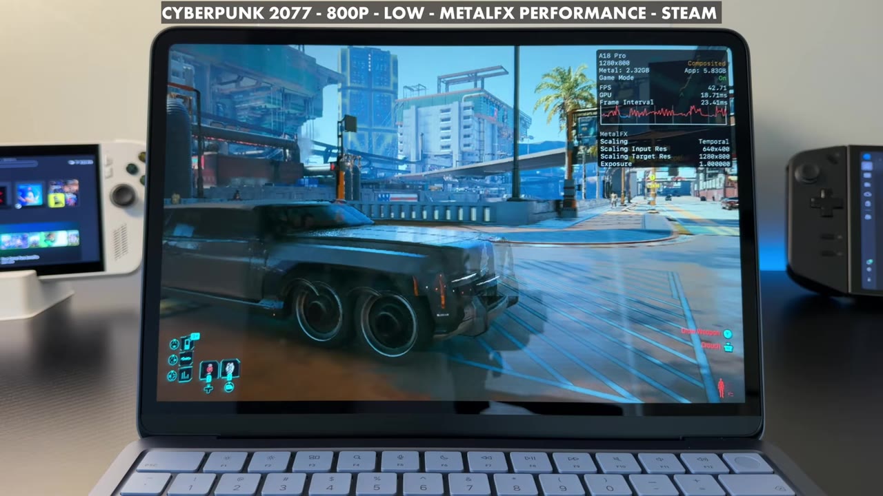Cyberpunk 2077 street gameplay on the MacBook Neo at 800p low with MetalFX Performance