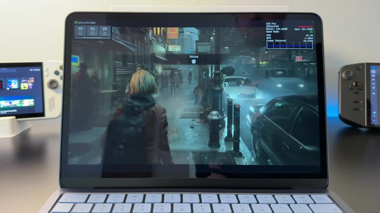 Resident Evil Requiem streaming through GeForce NOW on the MacBook Neo