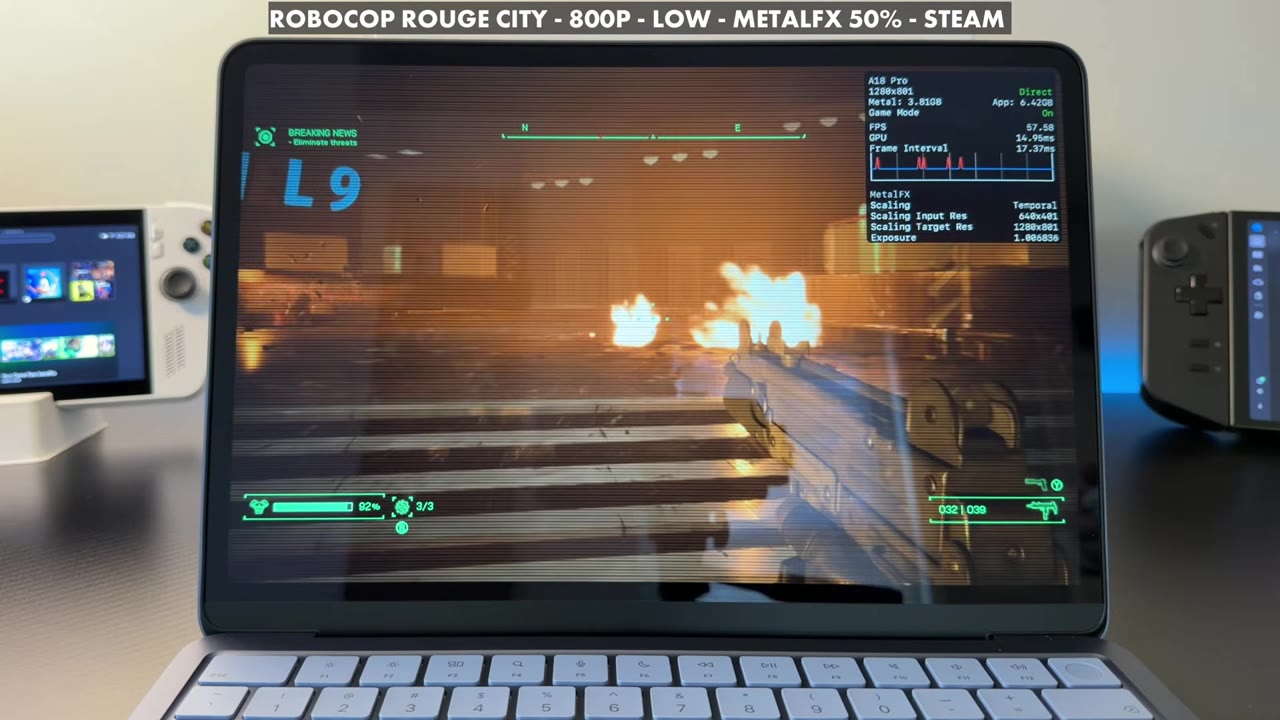 RoboCop: Rogue City firefight on the MacBook Neo at 800p low with MetalFX at 50 percent