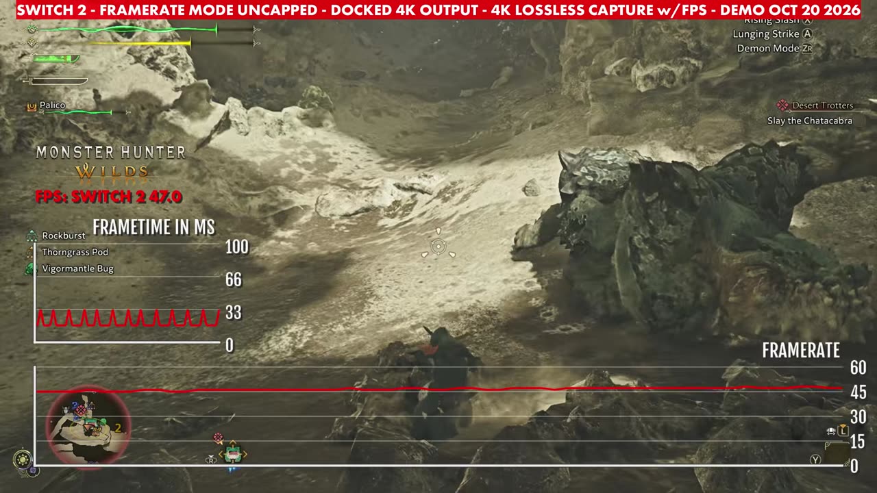 Monster Hunter Wilds demo docked on Switch 2, Framerate mode uncapped, overlay reading 47 FPS