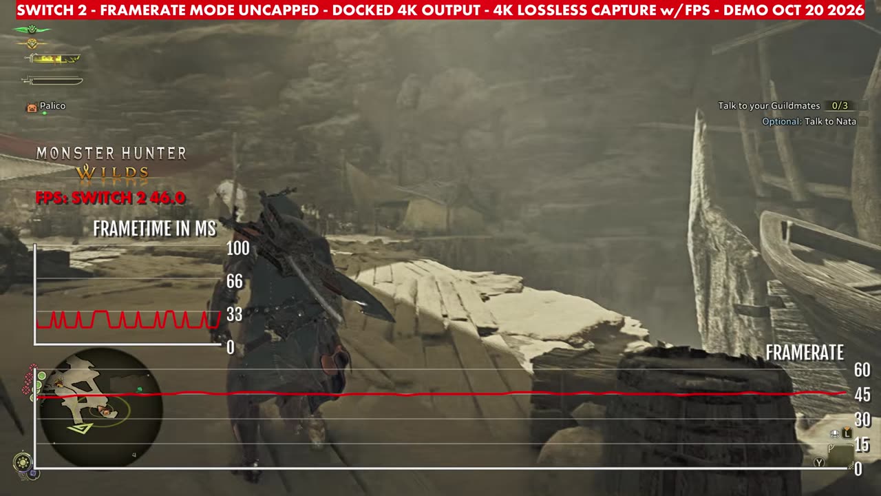 Monster Hunter Wilds demo docked on Switch 2, Framerate mode uncapped