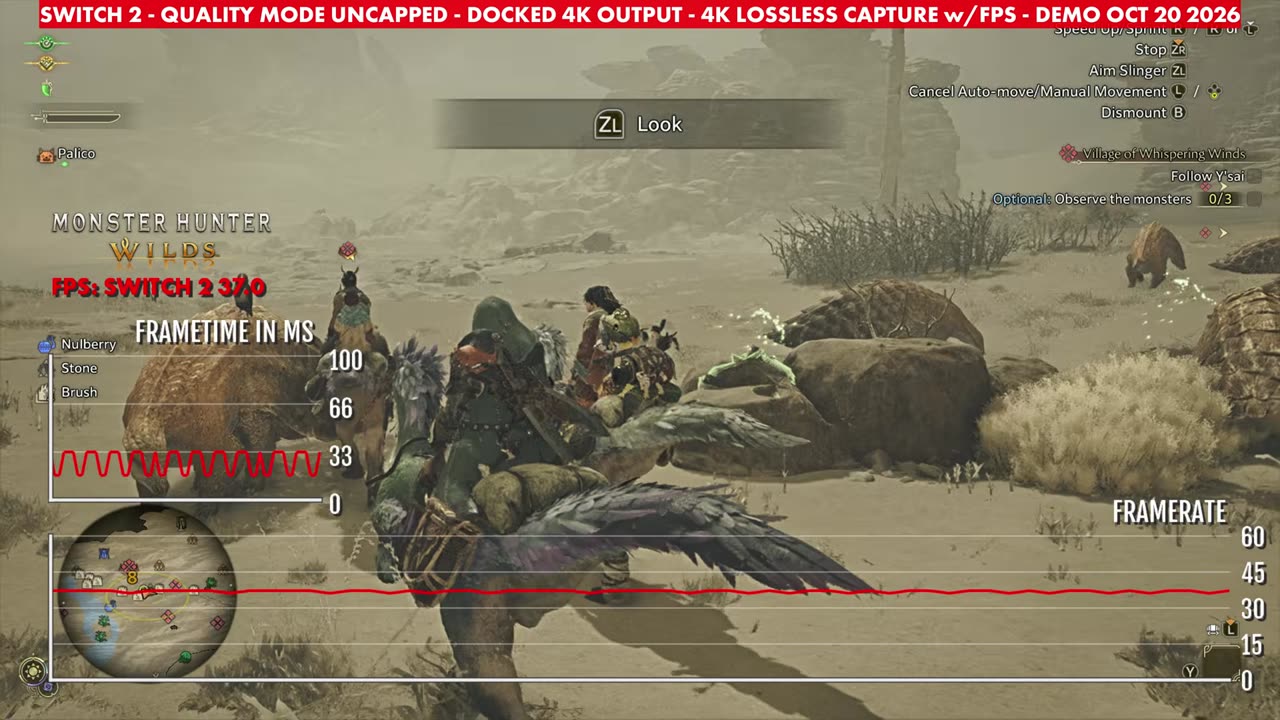 Monster Hunter Wilds demo docked on Switch 2, Quality mode uncapped, overlay reading in the 30s