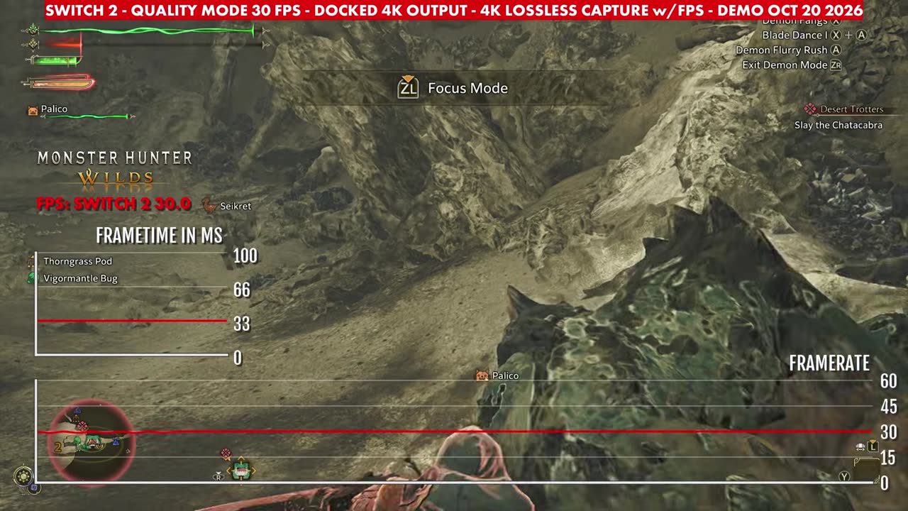 Monster Hunter Wilds demo docked on Switch 2, Quality mode 30 FPS, overlay reading 30 FPS