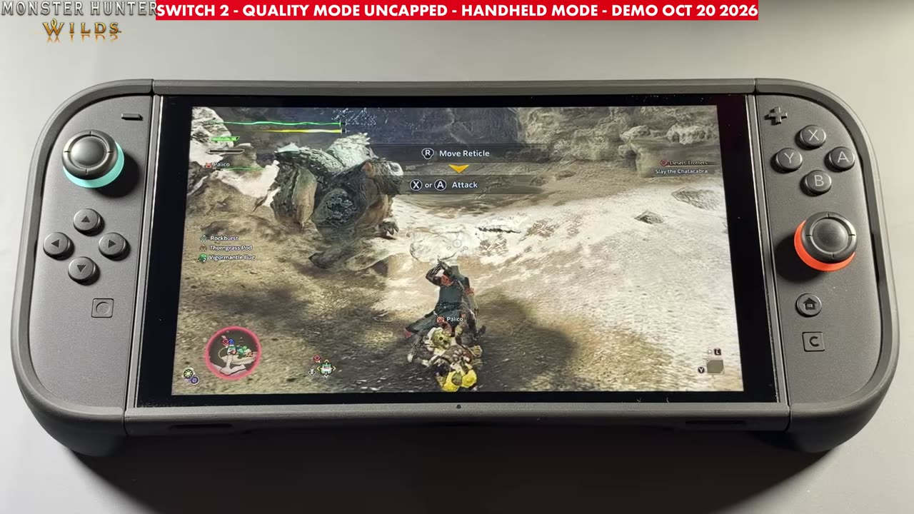 Monster Hunter Wilds demo in handheld mode on Nintendo Switch 2, Quality mode uncapped, Chatacabra fight