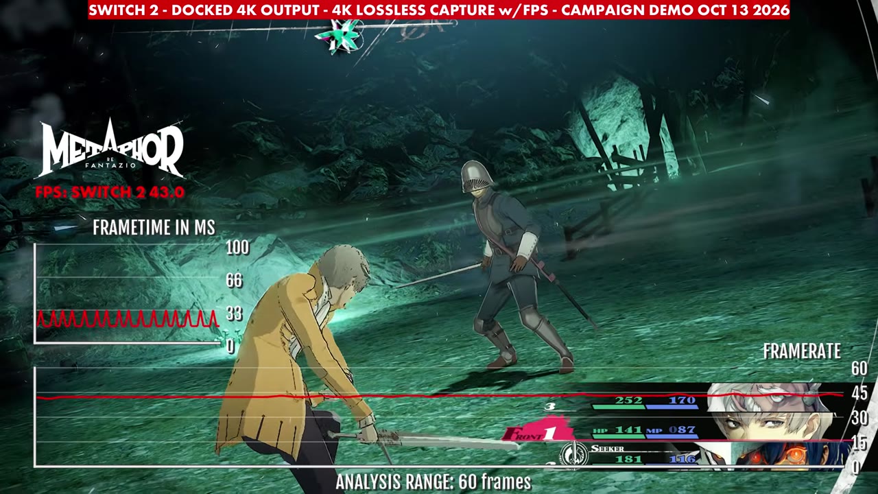 Metaphor: ReFantazio demo battle docked on Switch 2, overlay reading 43 FPS