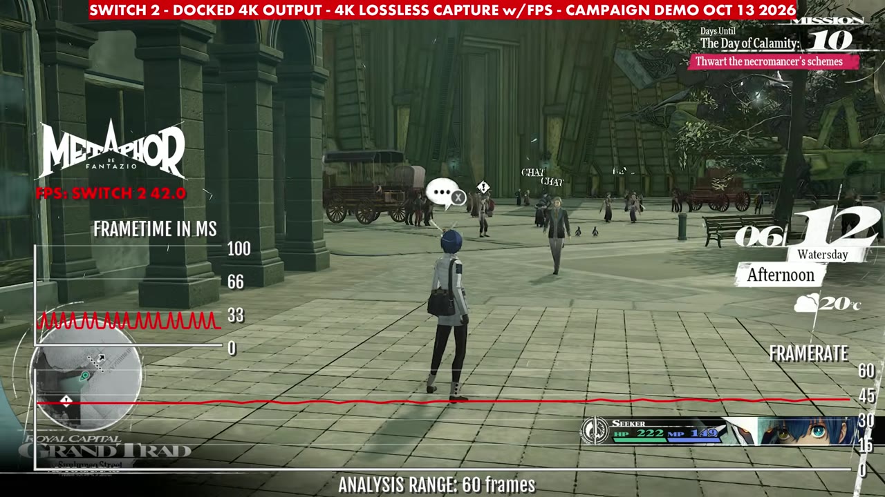 Metaphor: ReFantazio demo docked on Switch 2 in Grand Trad, overlay reading 42 FPS