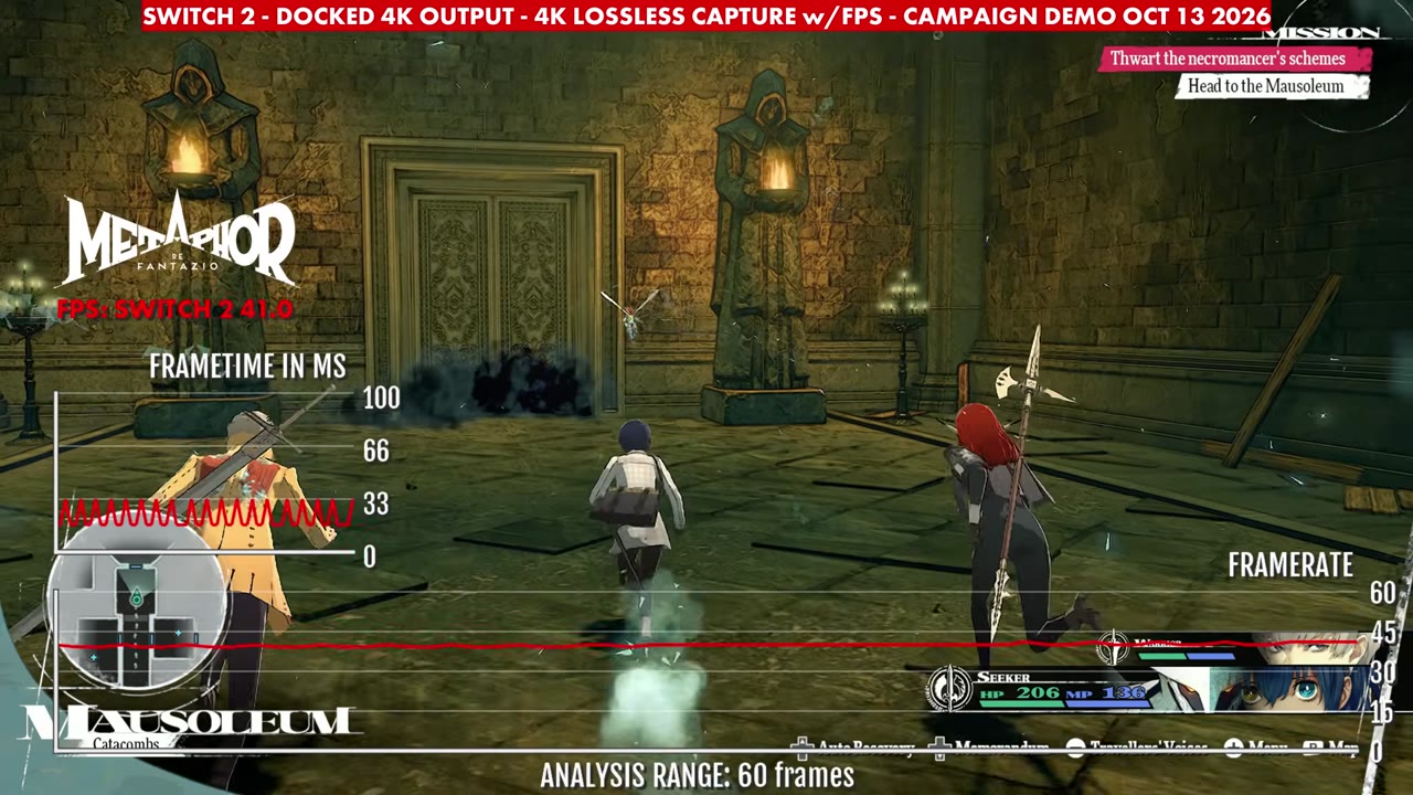 Metaphor: ReFantazio demo docked on Switch 2 in the Mausoleum, overlay reading 41 FPS